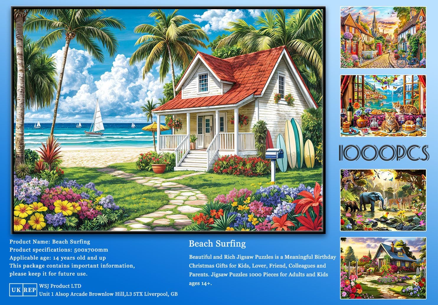 Jigsaw Puzzles for Adults 1000 Piece Puzzle for Adults 1000 Pieces Puzzle 1000 Pieces-Summer Beach Vacation -Surfing, Coconut Trees, Wooden Houses