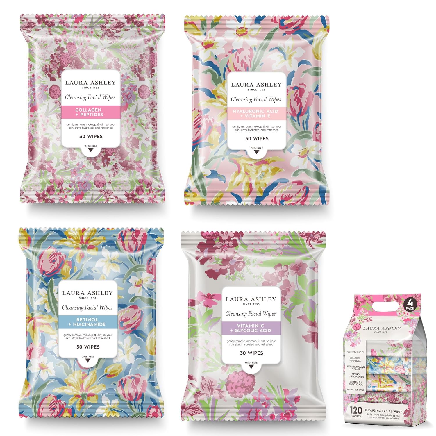 Laura Ashley 4 Pack Face Wipes for Women - Cleansing Makeup Remover Wipes with Vitamin C, Retinol, Hyaluronic Acid - 120 Pcs