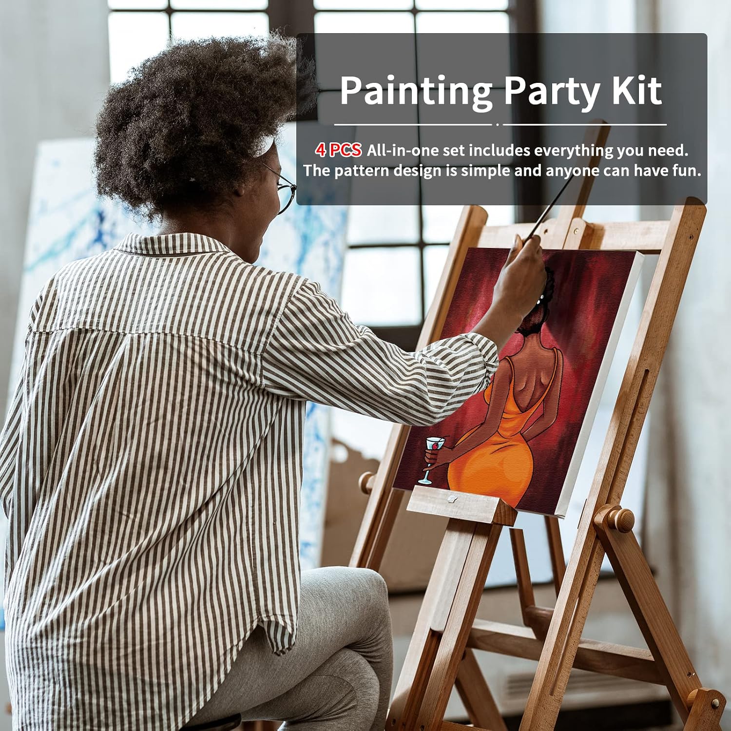 VOCHIC 4 Pack Pre Drawn Canvas Painting Kit for Adults Paint and Sip Party Supplies 12x16 in 8 Acrylic Colors, Brushes, Pallet Chic Girl Art Set