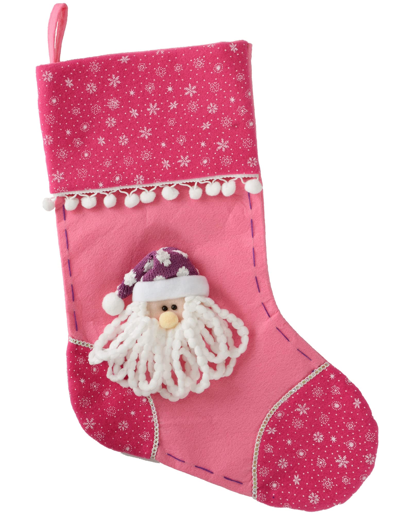 WeRChristmas Christmas Stocking with 3D Santa Head - 48 cm, Hot Pink/Purple