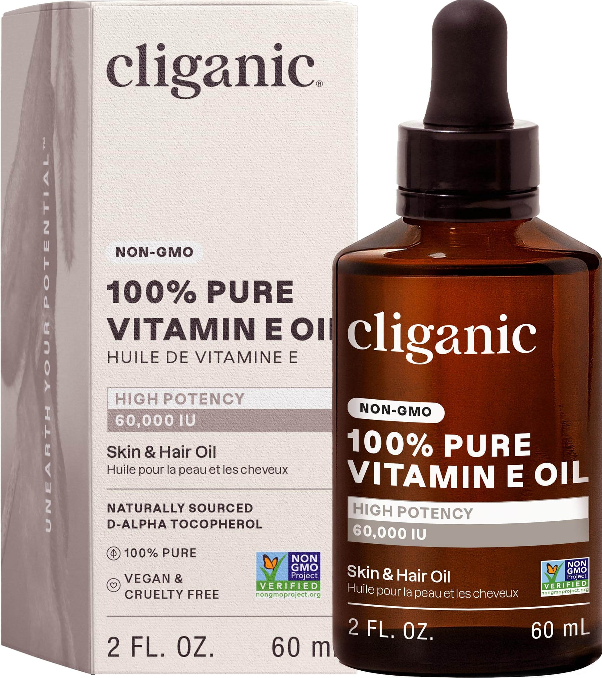 Cliganic 100% Pure Vitamin E Oil for Skin, Hair & Face - 60,000 IU, Non-GMO Verified | Natural D-Alpha Tocopherol