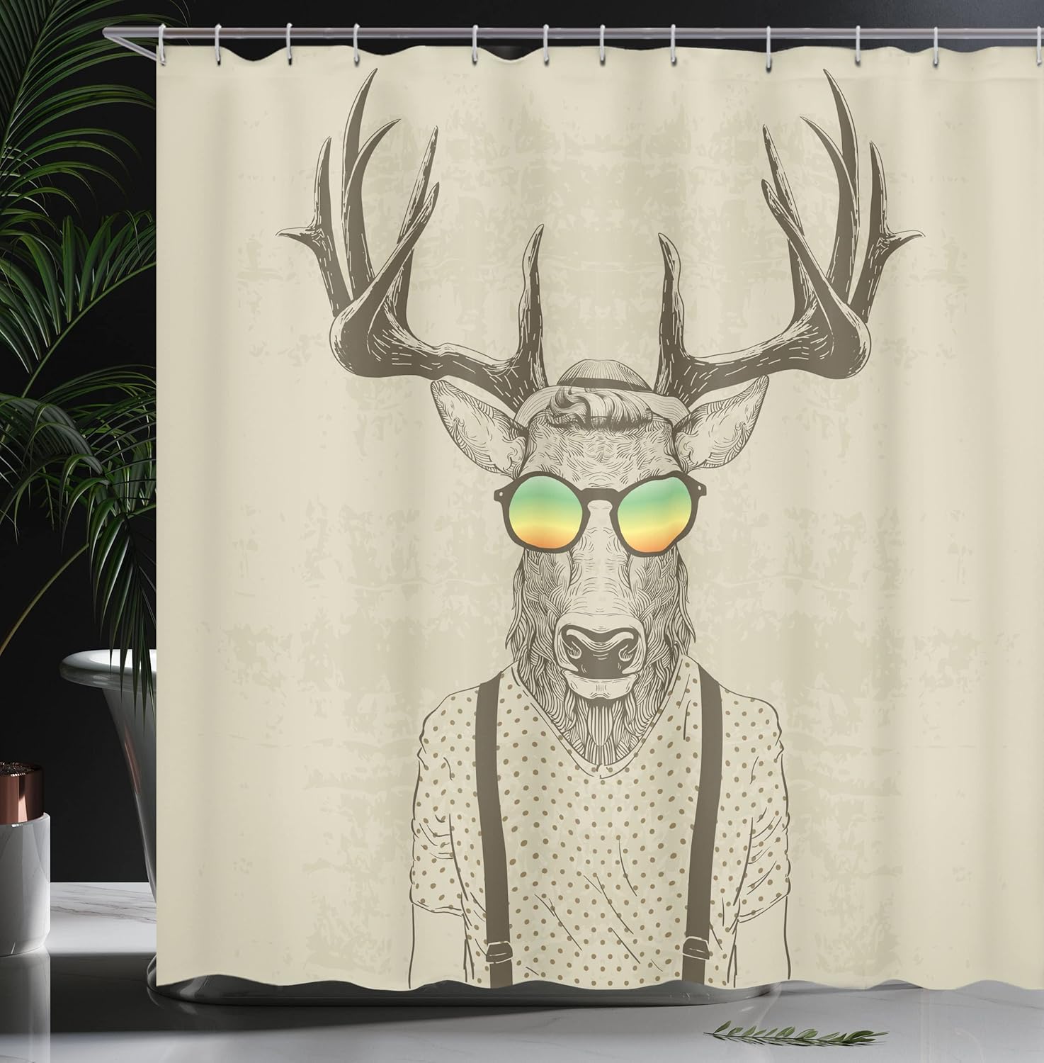 Ambesonne Antlers Shower Curtain, Illustration of Deer Dressed up Like Cool Hipster Fashion Creative Fun Animal, Cloth Fabric Bathroom Decor Set with Hooks, 69" W x 75" L, Sepia Eggshell