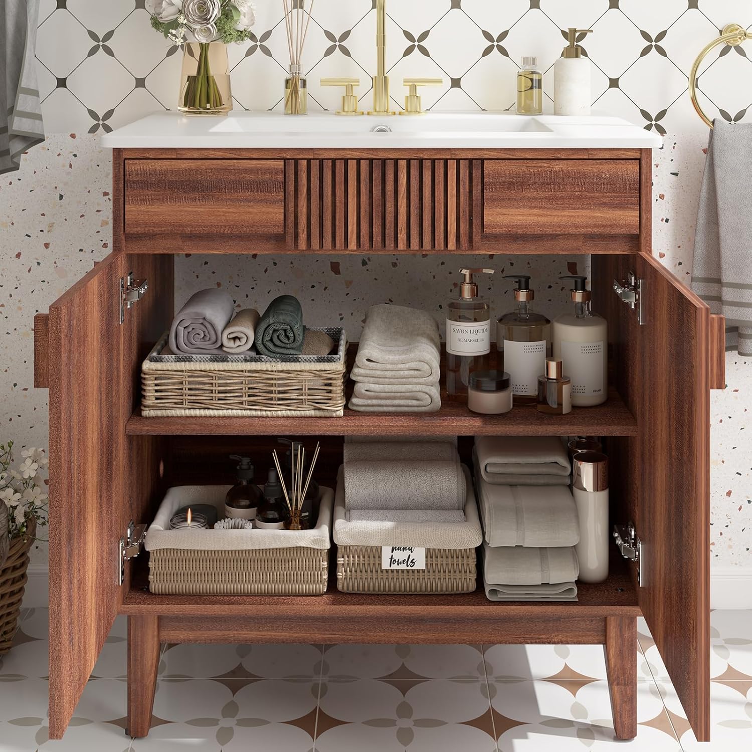 30 Inch Bathroom Vanity with Sink, Freestanding Bathroom Cabinet, Modern Wood Grain Vanity for Bathroom, Soft-Close Double Doors, Rustic Brown