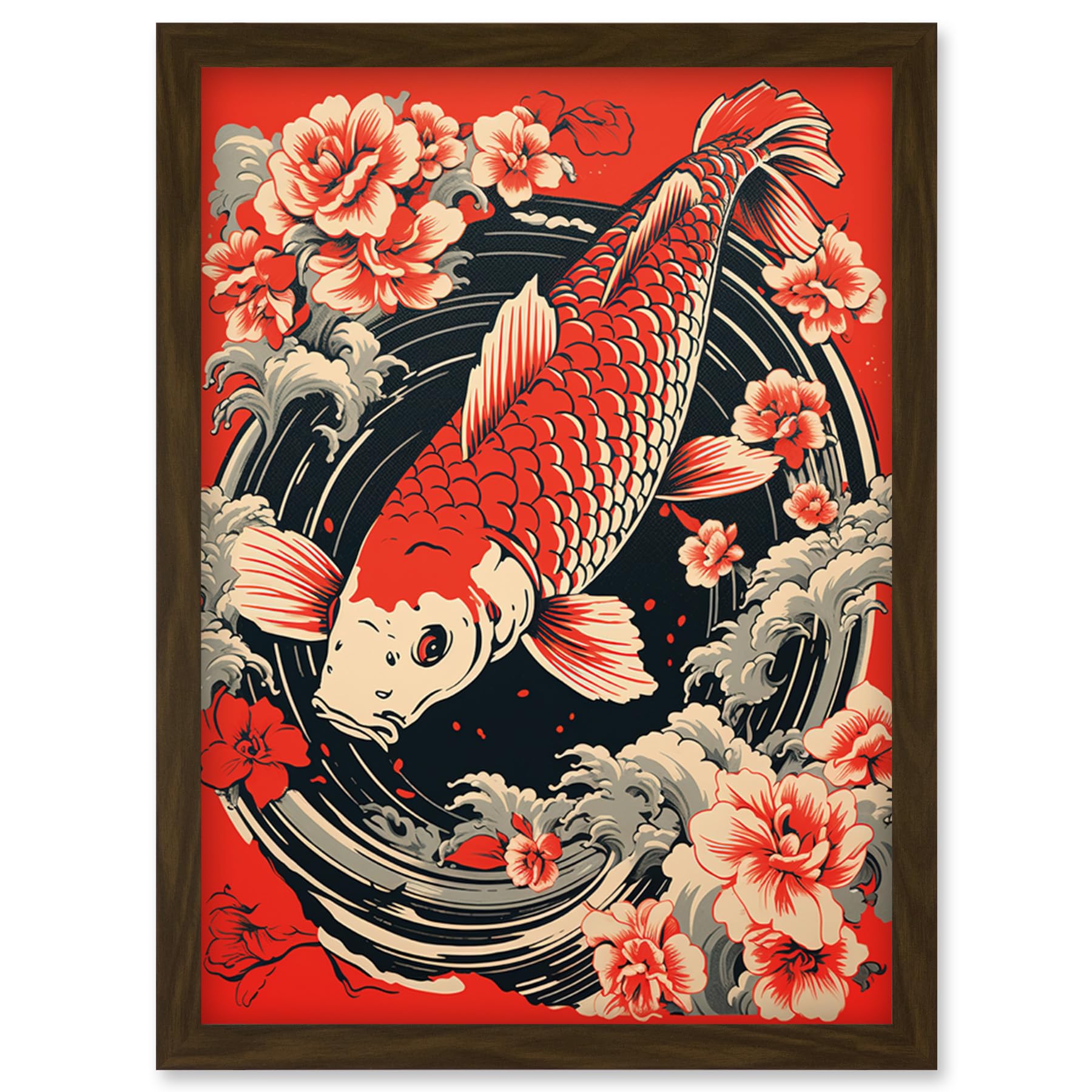 Artery8 Koi Fish Carp Japanese Whirlpool Red Black Floral Illustration Artwork Coy Artwork Framed Wall Art Print A4