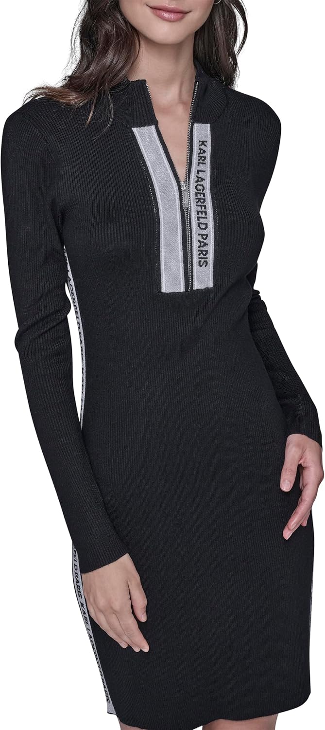 Karl Lagerfeld Womens Long Sleeve High Neck Logo Tape Zip Up Dress