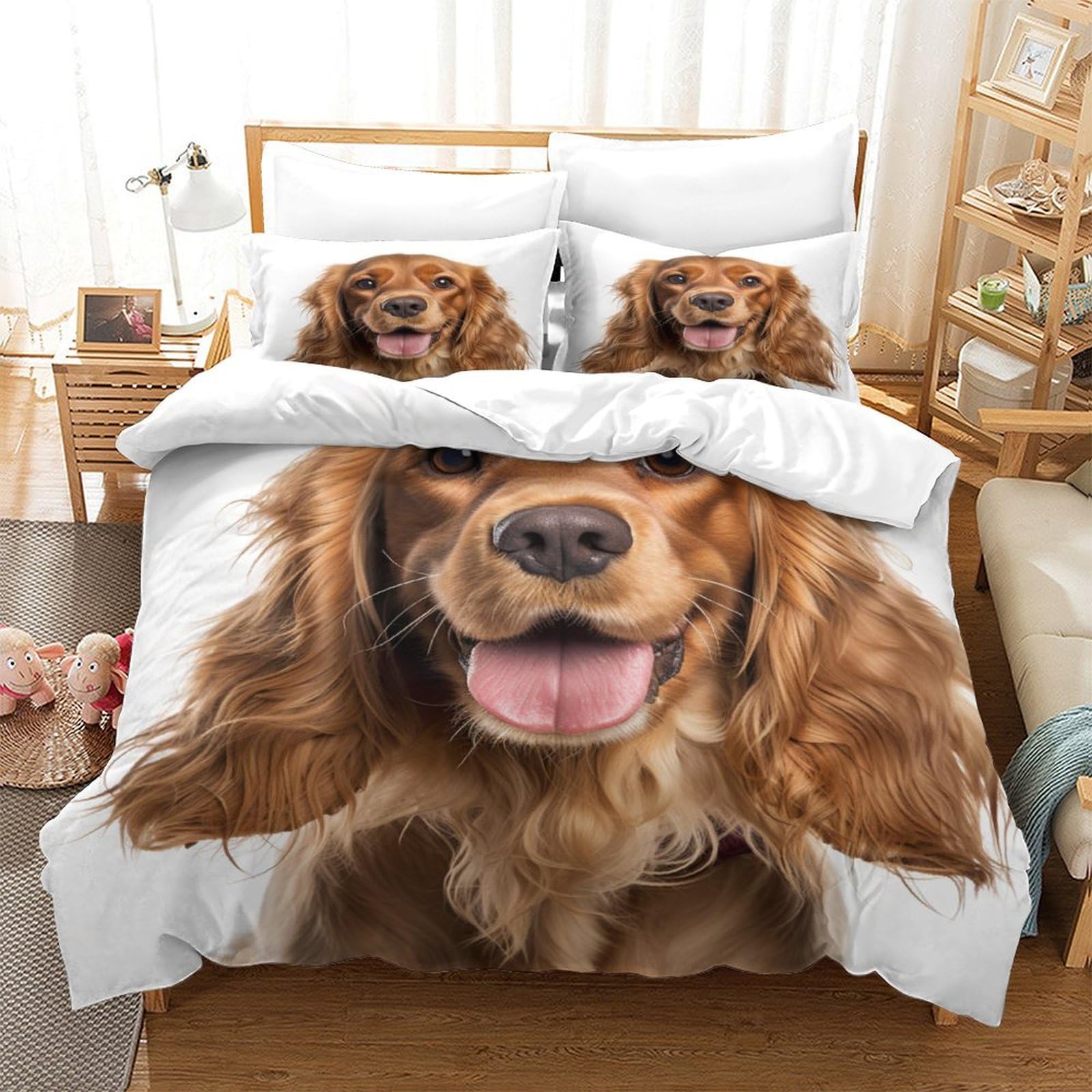 ZHUICHENG Cocker Spaniel Reversible 3 Piece Duvet Cover,3D Bedding Sets,Geometrical Bed Hound Quilt Covers With Pillow Cases for Kids Adult Teens Theme Comforter Cover Easy Care Single（140x200cm）