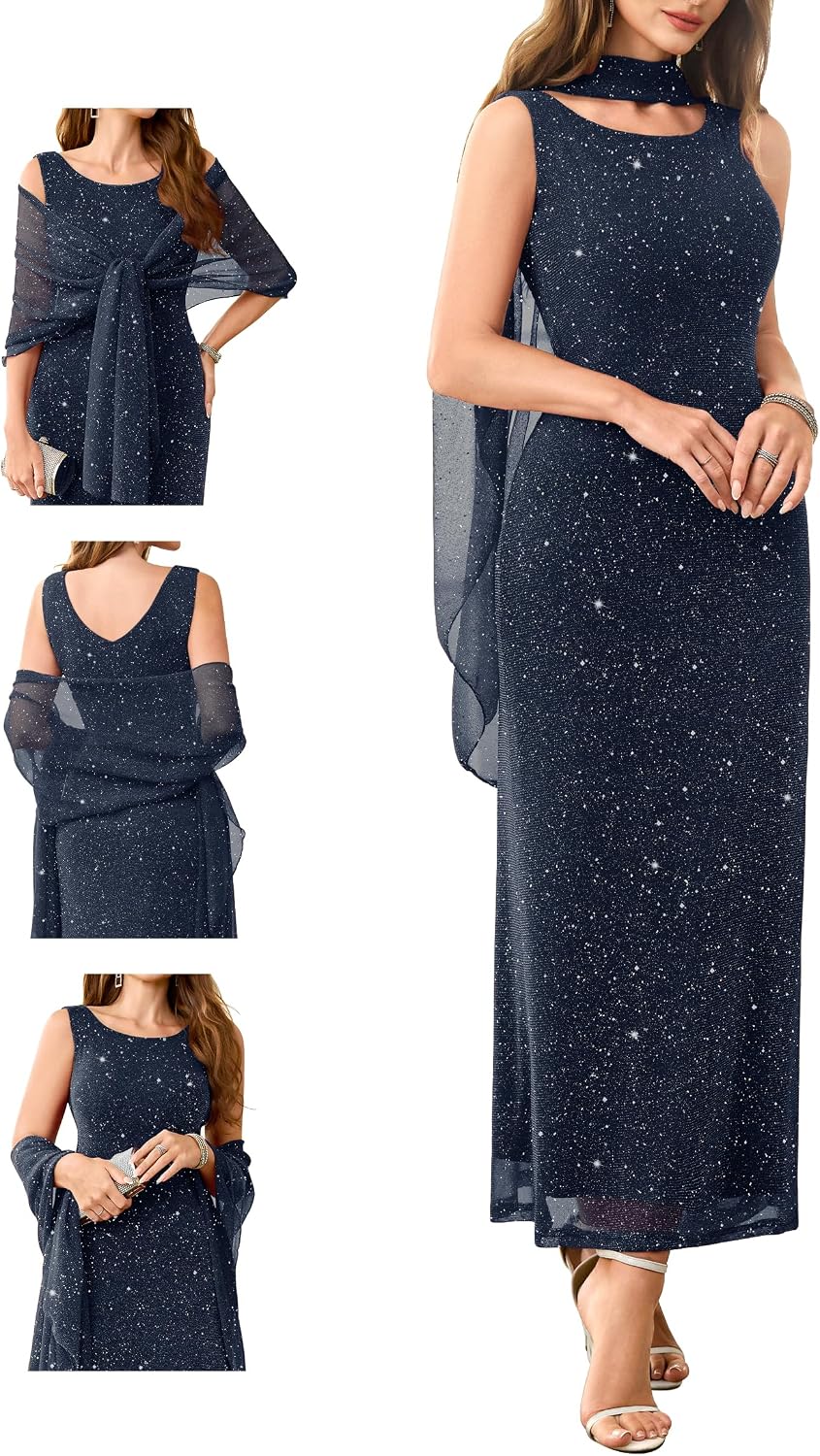 Wedtrend Women's Sparkly Sequin Dress Sleeveless 80s Prom Dress Evening Party Formal Dresses with Shawl