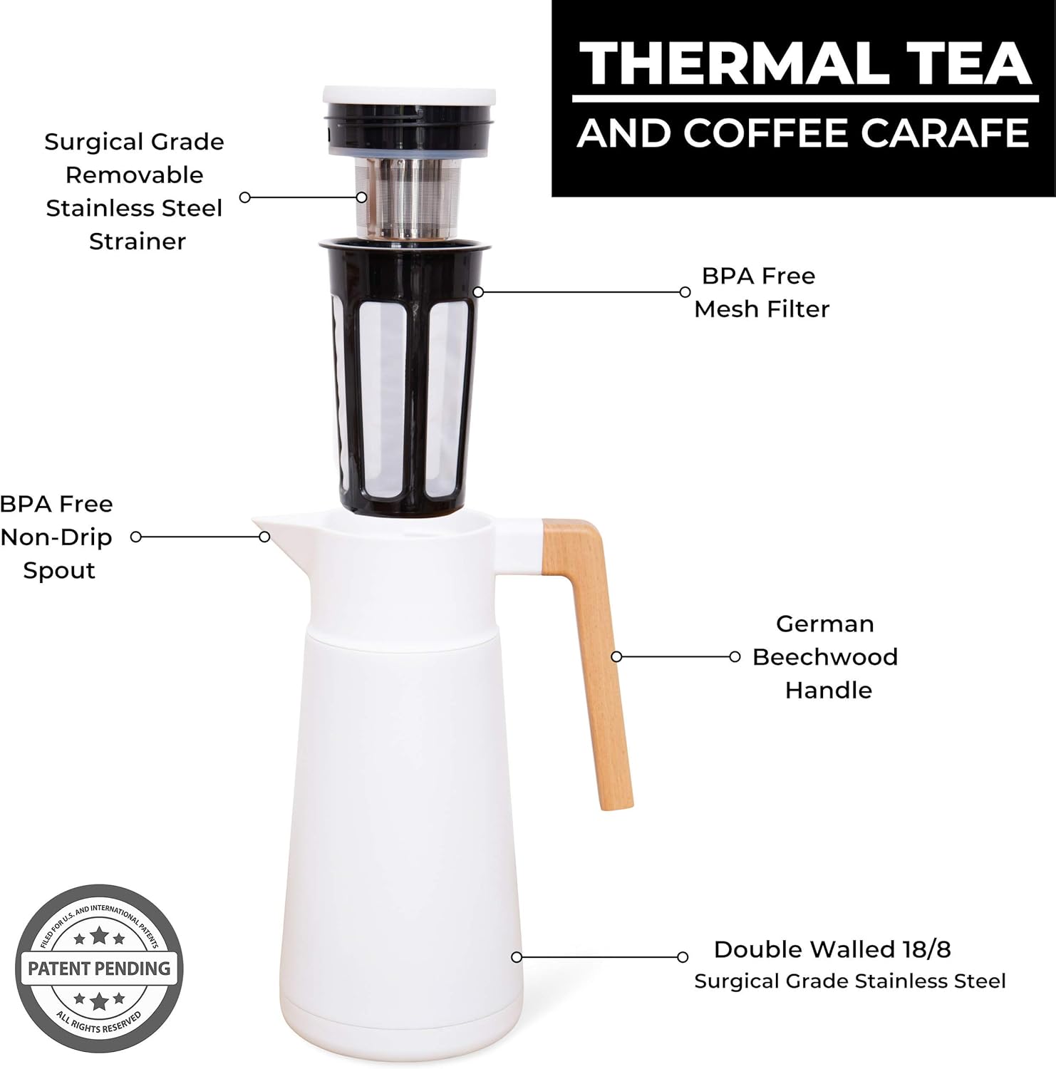 Hastings Collective Thermal Coffee Carafe 68 Oz - Large Stainless Steel Insulated Carafe - 2 Liter Double Walled Vacuum Thermos Coffee and Beverage Dispenser with Tea Infuser and Strainer (White) - Image 6