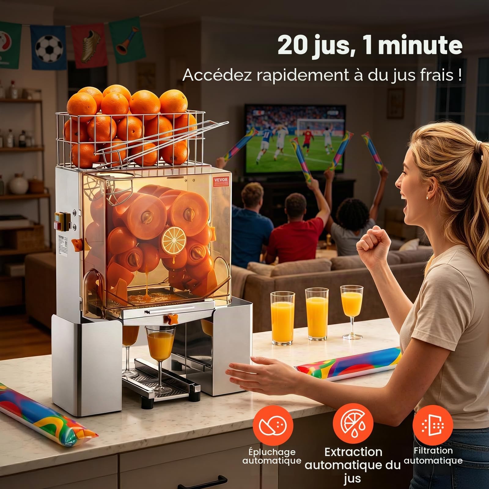 VEVOR Presse-Agrumes Électrique Commercial 120 W Extracteur de Jus Alimentation Automatique avec Filtre Extractible et Seau de Collecte d'Épluchure pour Orange Pamplemousse Restaurant Café Fruiterie