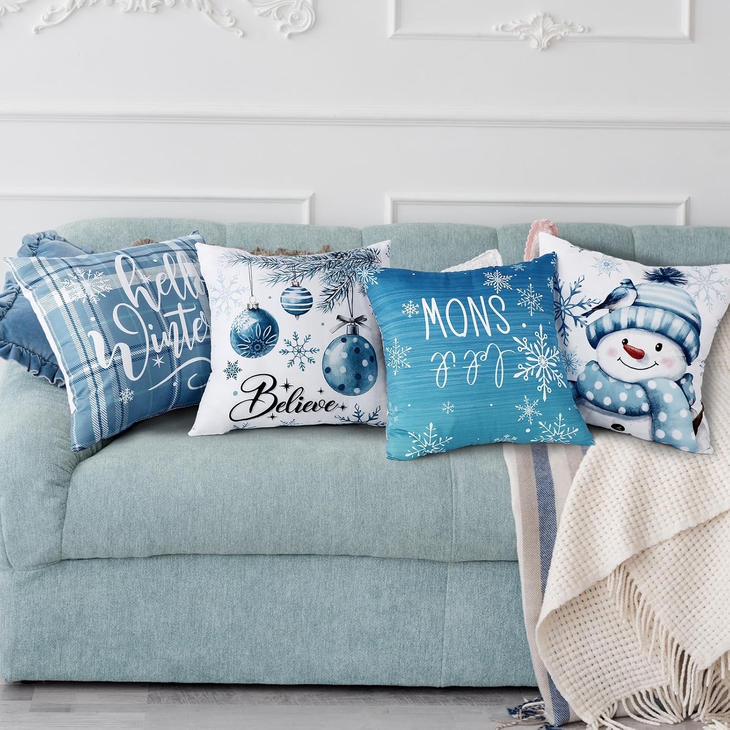 HunnmingRe Set of 6 Winter Snowman Pillow Covers Blue White Snowman Throw Pillow Covers 18 x 18 Inch Holiday Cushion Case Decorative Winter Pillowcase for Couch Sofa Farmhouse Decor