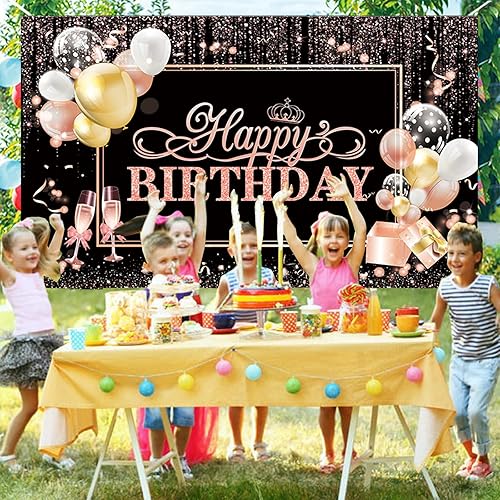 Miniatura 6 de Cartel de feliz cumpleaños de oro rosa y negro, 70.87 x 45.28 pulgadas, perfecto para decoración de habitaciones