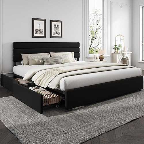 Miniatura 12 de WLIVE Base de cama tapizada tamaño Queen con 4 cajones de almacenamiento y cabecero, marco de cama de plataforma de terciopelo, soporte de listones