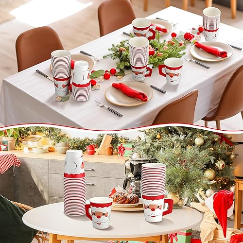 Miniatura 6 de Tioncy 100 vasos de papel desechables de Navidad con asas, 9 onzas, tazas de café de Papá Noel, lindos vasos desechables de chocolate caliente para
