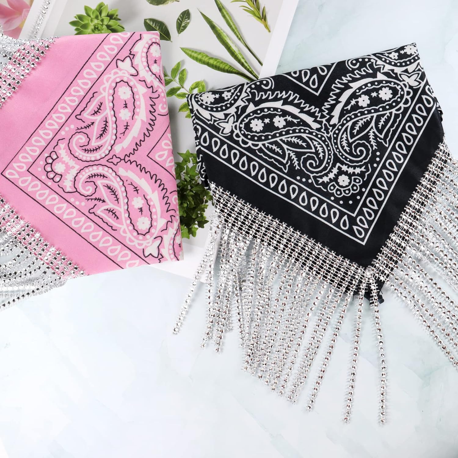 OYANIMO Disco Fringed Bandana 2 Pcs Cowgirl Bachelorette Bandanas Sparkly Rhinestone Fringe Bandanas for Women Men Western