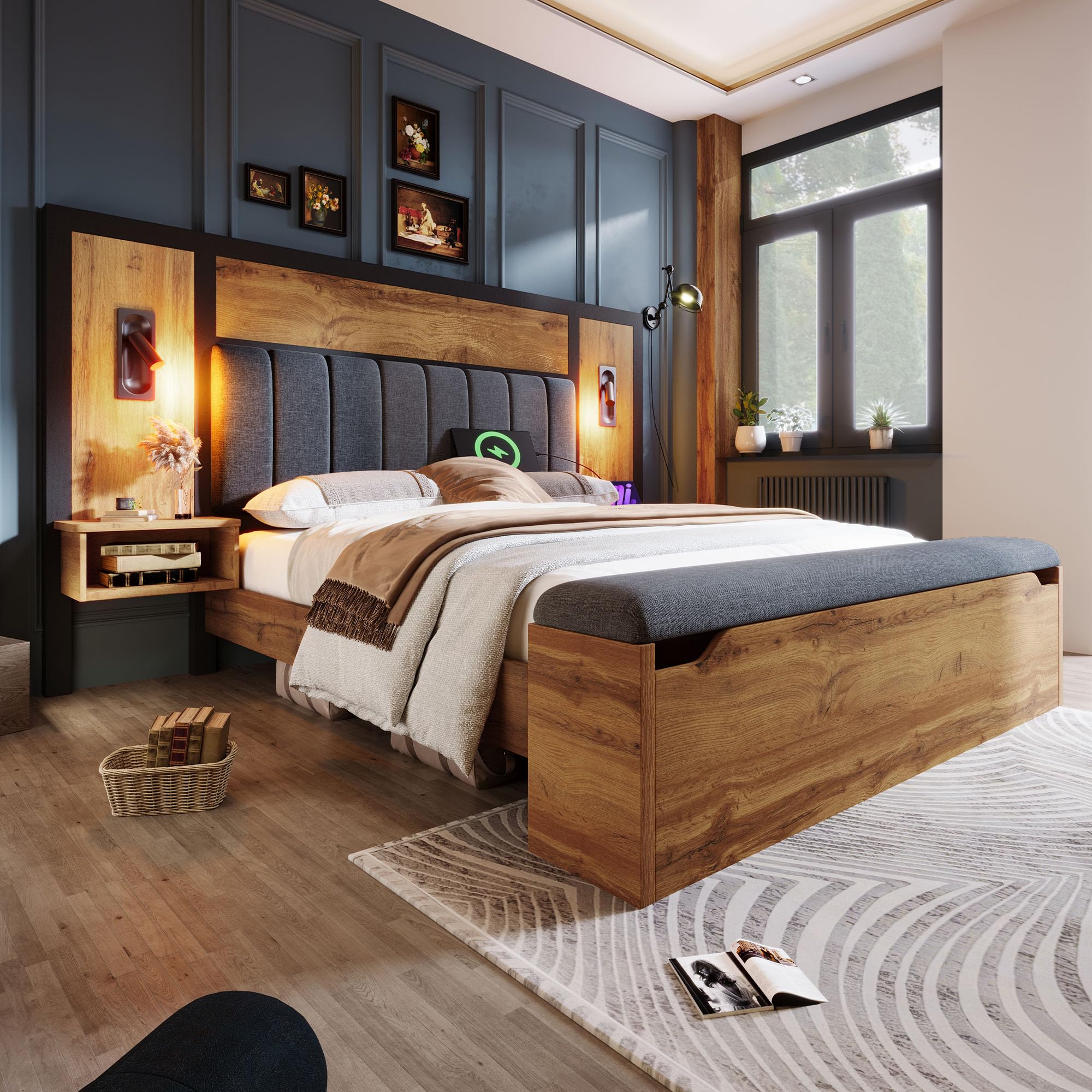 Kebnor Cama doble tapizada, cama con lámpara de lectura y mesita de noche USB C y banco con almacenamiento, estructura de cama con somier de metal, madera y lino, roble (sin colchón) (180 x 200 cm)