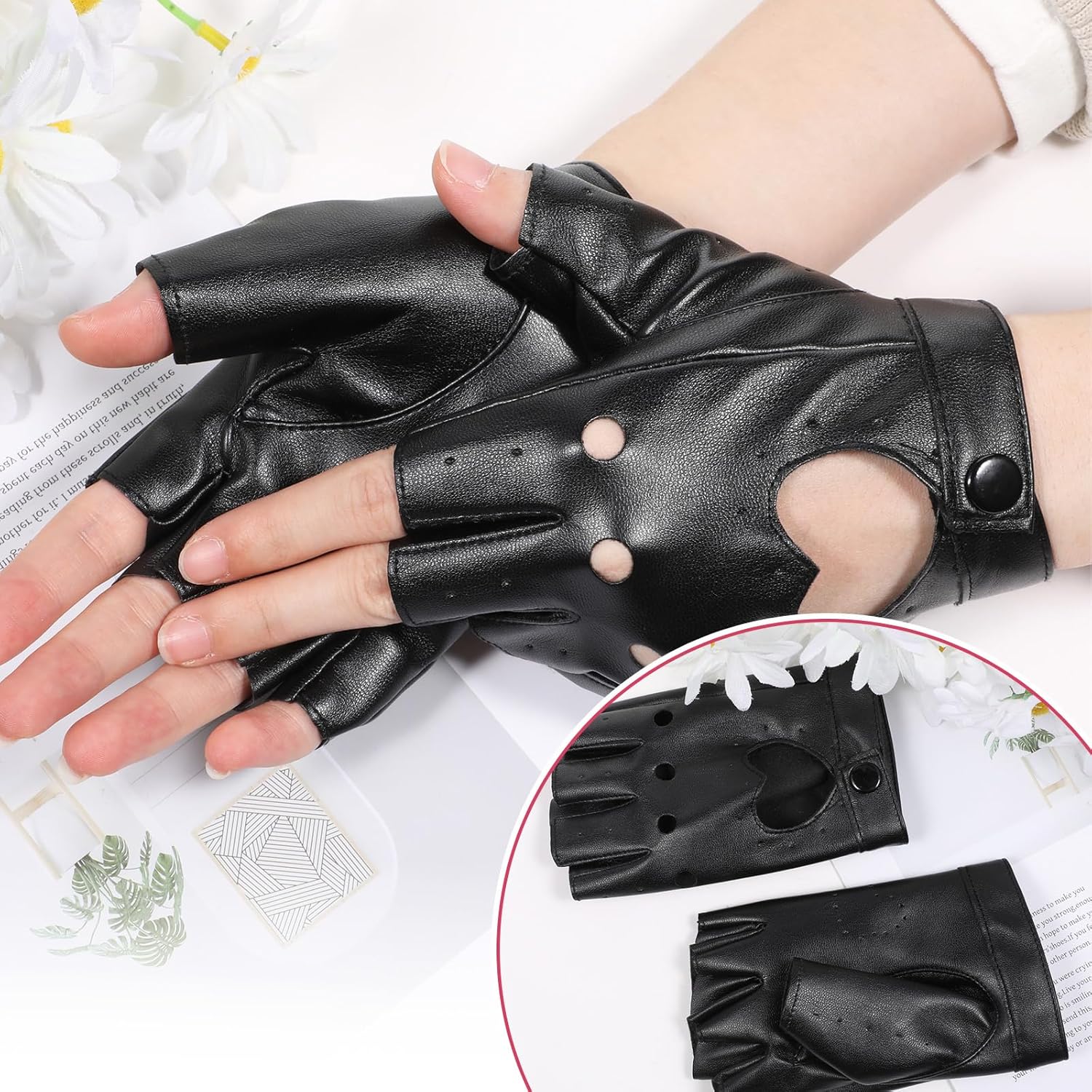 1 Pair of PU Faux Leather Dance Gloves Black Fingerless Gloves Outdoor Sports Goth Cosplay Heart Cutout Punk Driving Performance Stylish Fingerless Glove for Women Cosplay Halloween Costume - Image 6