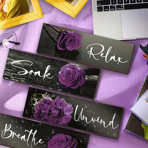 Miniatura 4 de 4 piezas de decoración de pared de baño morada, decoración de pared de rosa, accesorios de baño de madera con arte para relajarse, remojar y