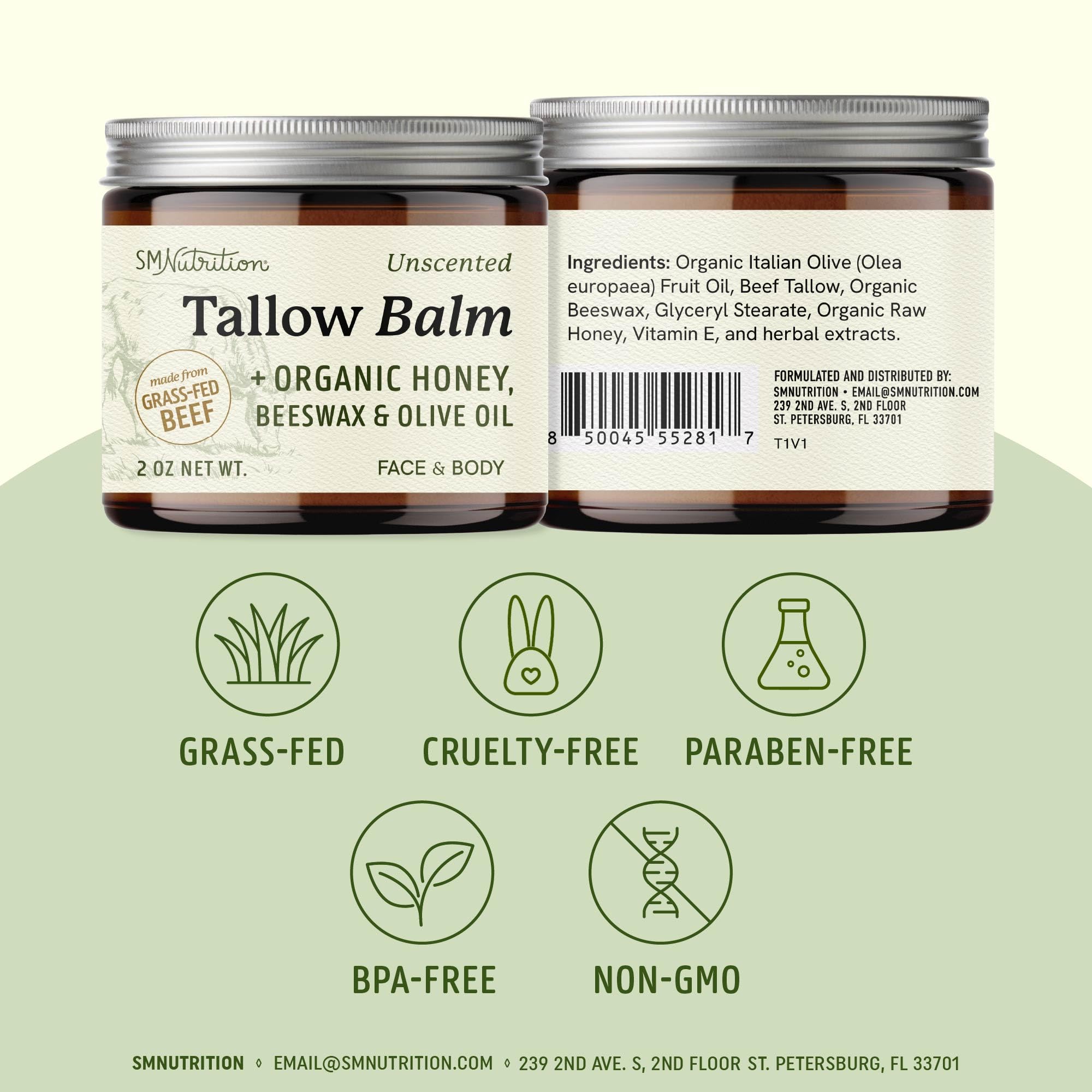 Beef Tallow Honey Balm | Face & Body | With Organic Honey, Beeswax & Olive Oil | Face Moisturizer & Body Balm | Grass Fed Beef Tallow for Skin Support | Paraben, BPA & Cruelty-Free | Unscented, 2 oz