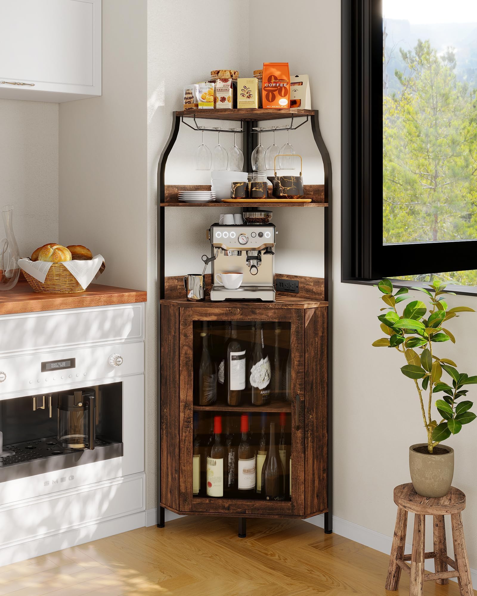 Elegante Mobile Portabottiglie Curvo in MDF, Struttura Stabile e Salvaspazio, Facile Da Pulire, Ideale Per Soggiorno, Sala Da Pranzo e Cucina