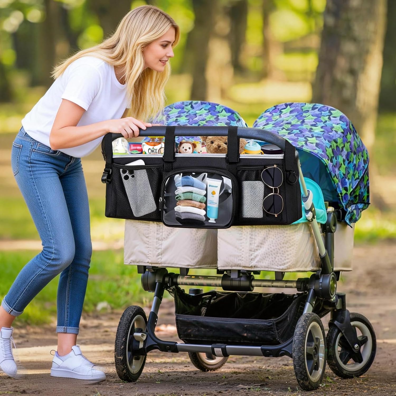 Double Stroller Organizer for Bob Duallie Jogger City Mini GT2 and Jeep, Double Baby Stroller Caddy Accessories with 2 Cooler Pockets, Heavy Duty Parent Double Jogging Stroller Organizer (Empty Bag)