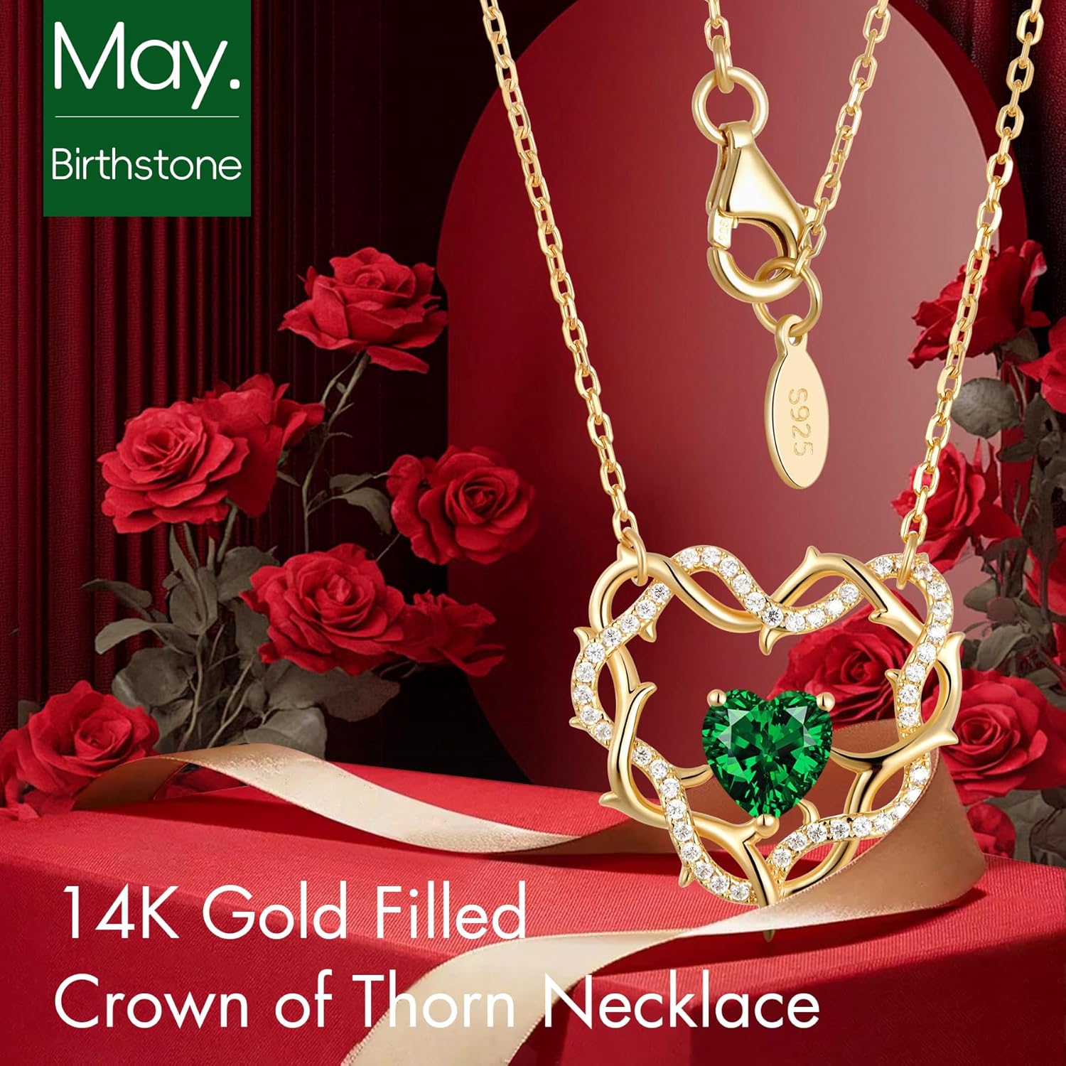 Kstyle Christian Valentine's Day Gifts for Women - 14k Gold Crown of Thorns Birthstone Pendant Necklaces for Women, Religious Anniversary Birthday Jewelry Non Tarnish 18"+2" - Image 2