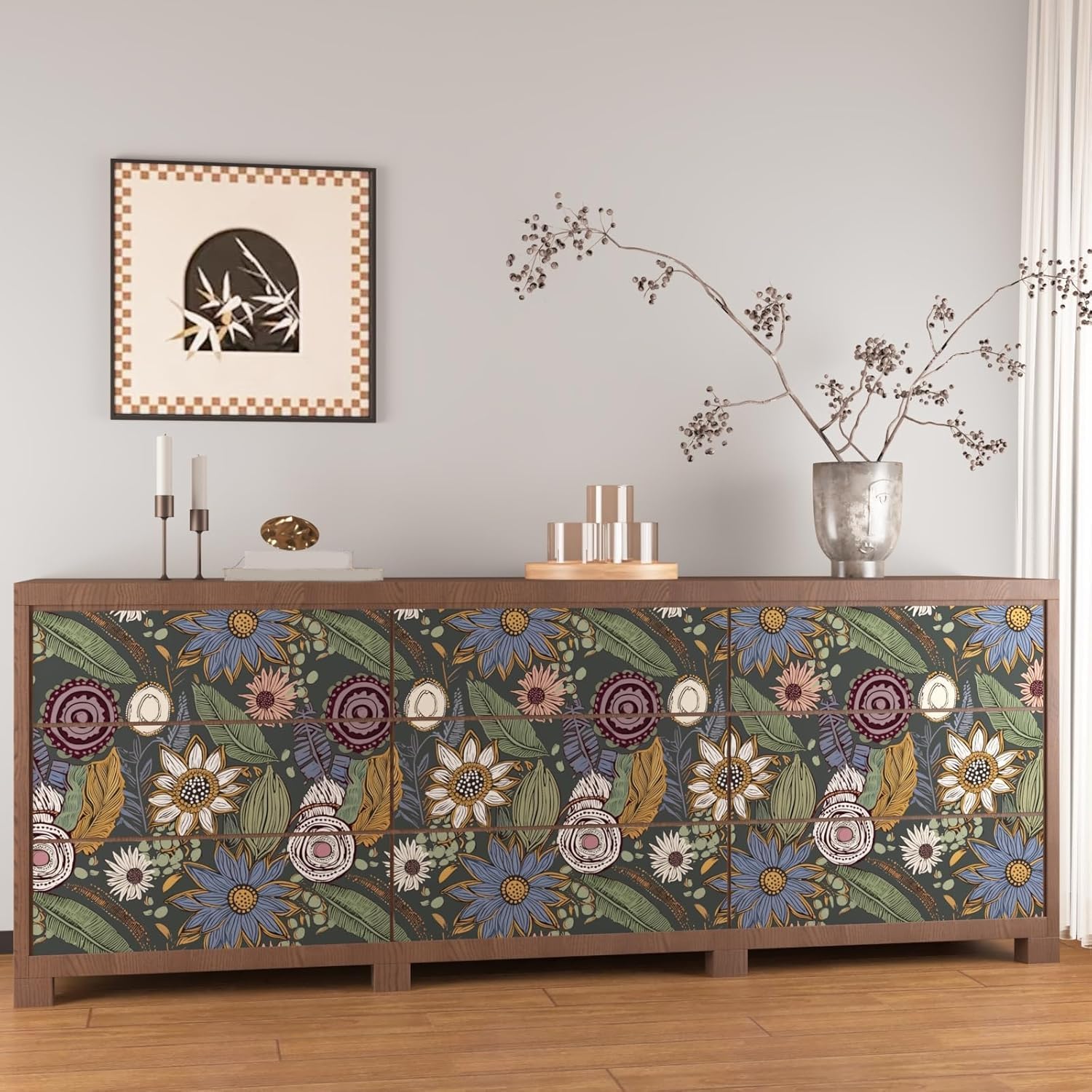 Boho Wallpaper Peel and Stick, Vintage Green Yellow Floral Contact Paper 17.5" x 393", Antique Flowers Retro Bohemia Wall Paper Self Adhesive Removable Waterproof for Walls Shelves Cabinet Table