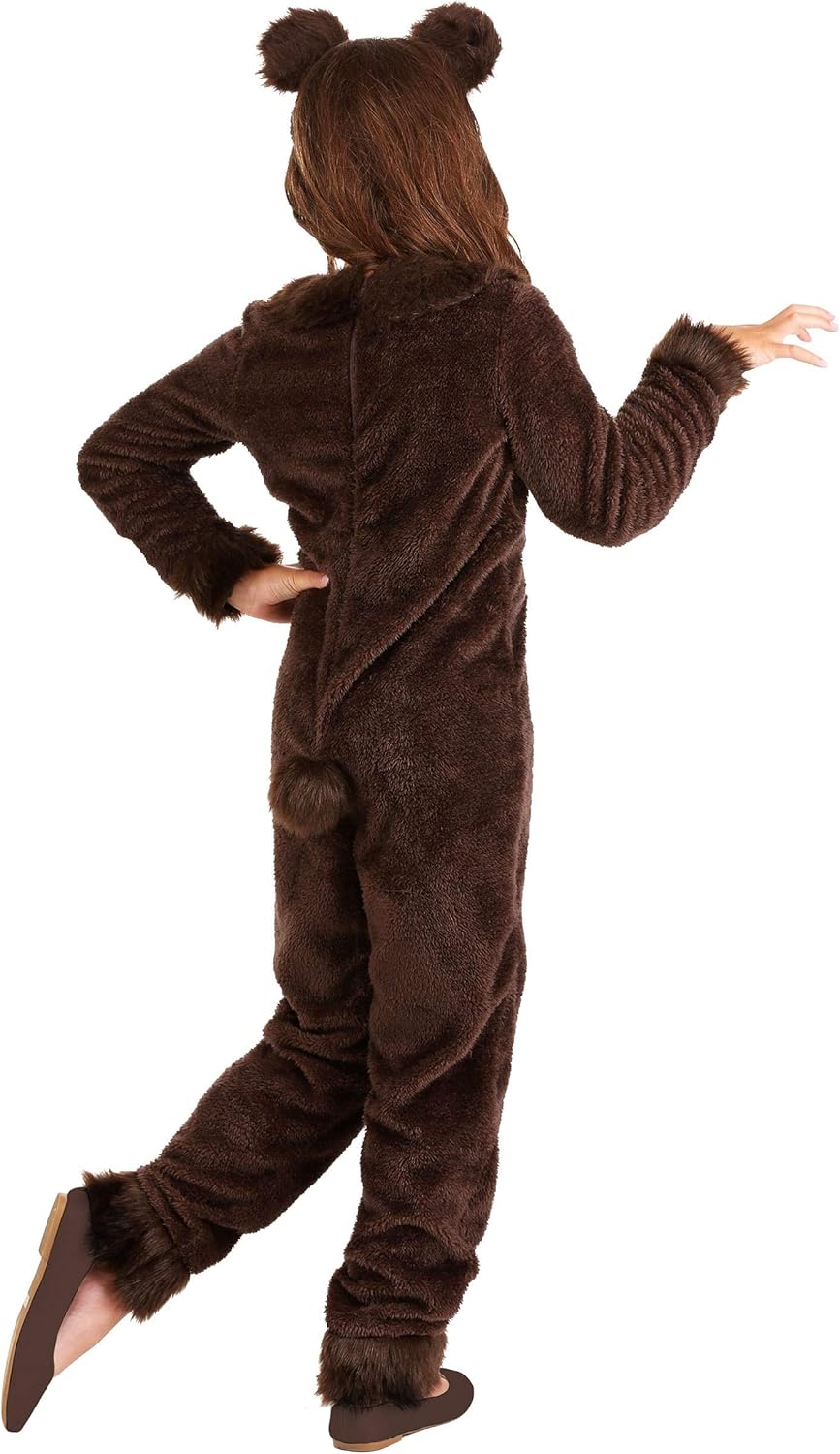Kid's Brown Bear Costume with Headband - Girl's Grizzly Bear Jumpsuit - Child Animal Halloween Costume