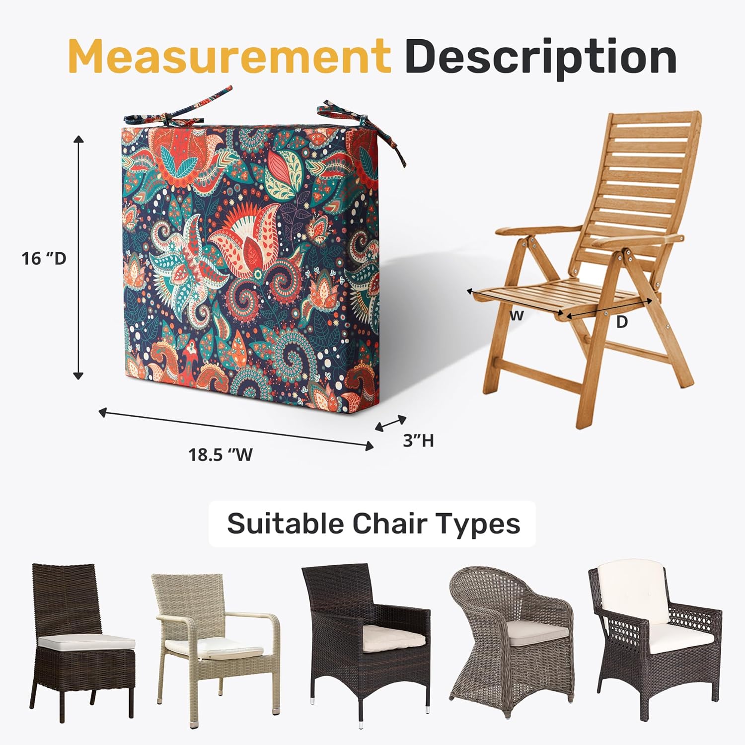 UNIKOME Outdoor Chair Cushions Pack of 4, Water Resistant Patio Cushions with Ties, High Density Sponge Filling Square Corner Seat Cushions for Outdoor Furniture, 18.5"*16"*3", Boho