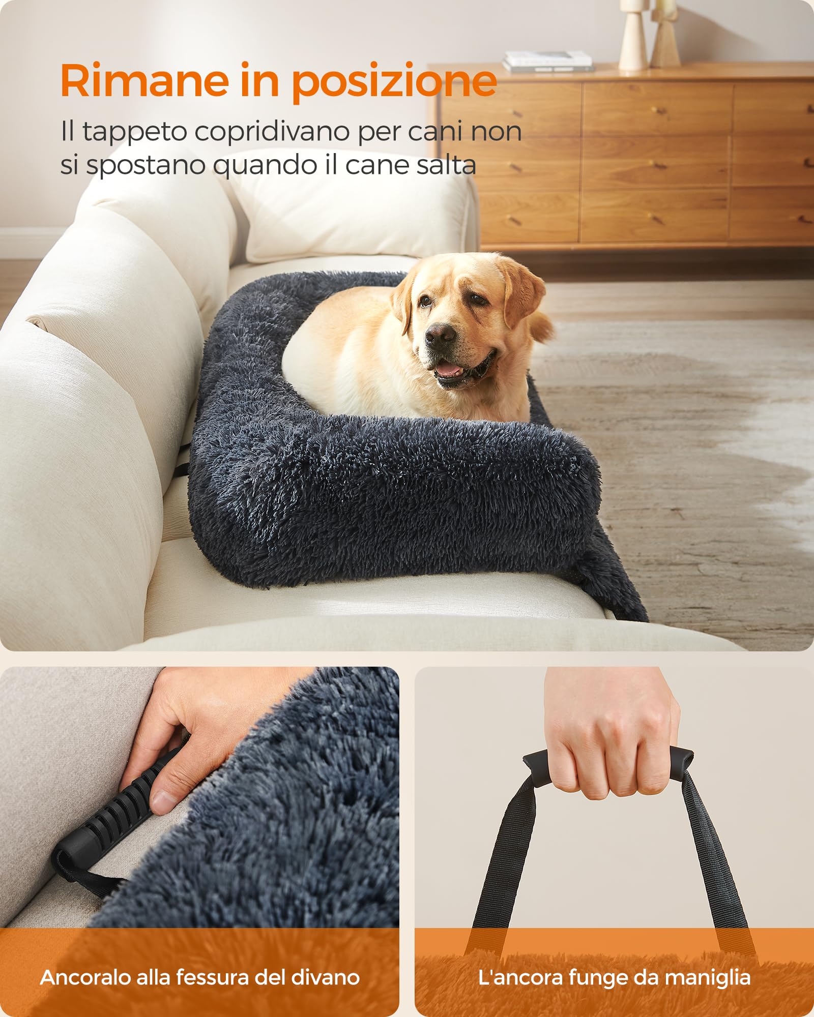 Feandrea FluffyHug Cuccia per Cani di Peluche, Tappeto Copridivano per Animali, Divano per Cani, XXL, per cani grandi, 122 x 95 x 18 cm, Grigio Scuro PGW224G02