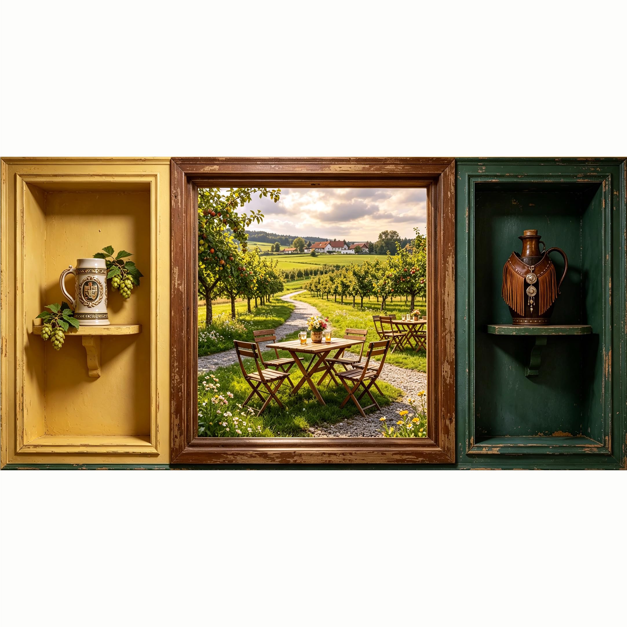 QZLITHOTIC 50x100cm 3D Framed Wall Art， Farmhouse Orchard Landscape Self‑Adhesive Mural， Water‑Activated Peel & Stick Fabric Decor Wall Decal for Bedroom Living Room