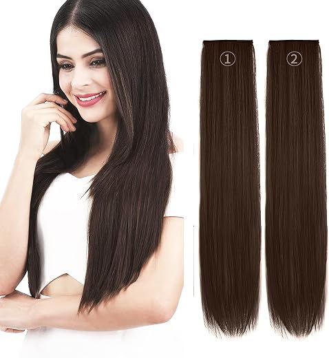 LHS -LUXURY HAIR STUDIO Human Hair Extension Remy Clip in 2 Piece Straight Hair 24 Inch Streaks Strand Hair Extension (BRO...