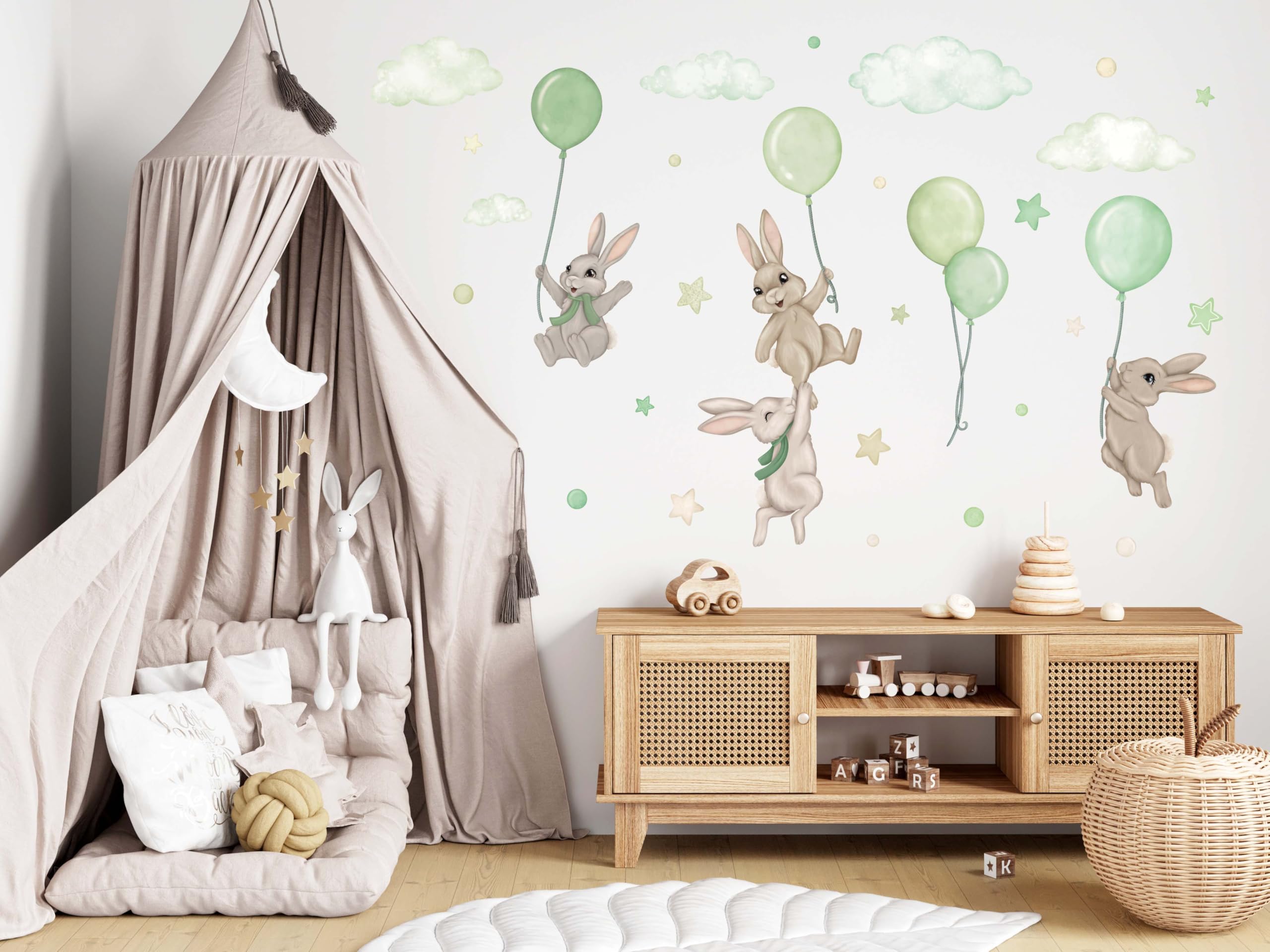 Adhesivo de pared para habitación de bebé - Adhesivo de pared para habitación de bebé - No tóxico, seguro, potente - 29 piezas de pegatinas, conejitos con globos - Verde, Crema, Beige