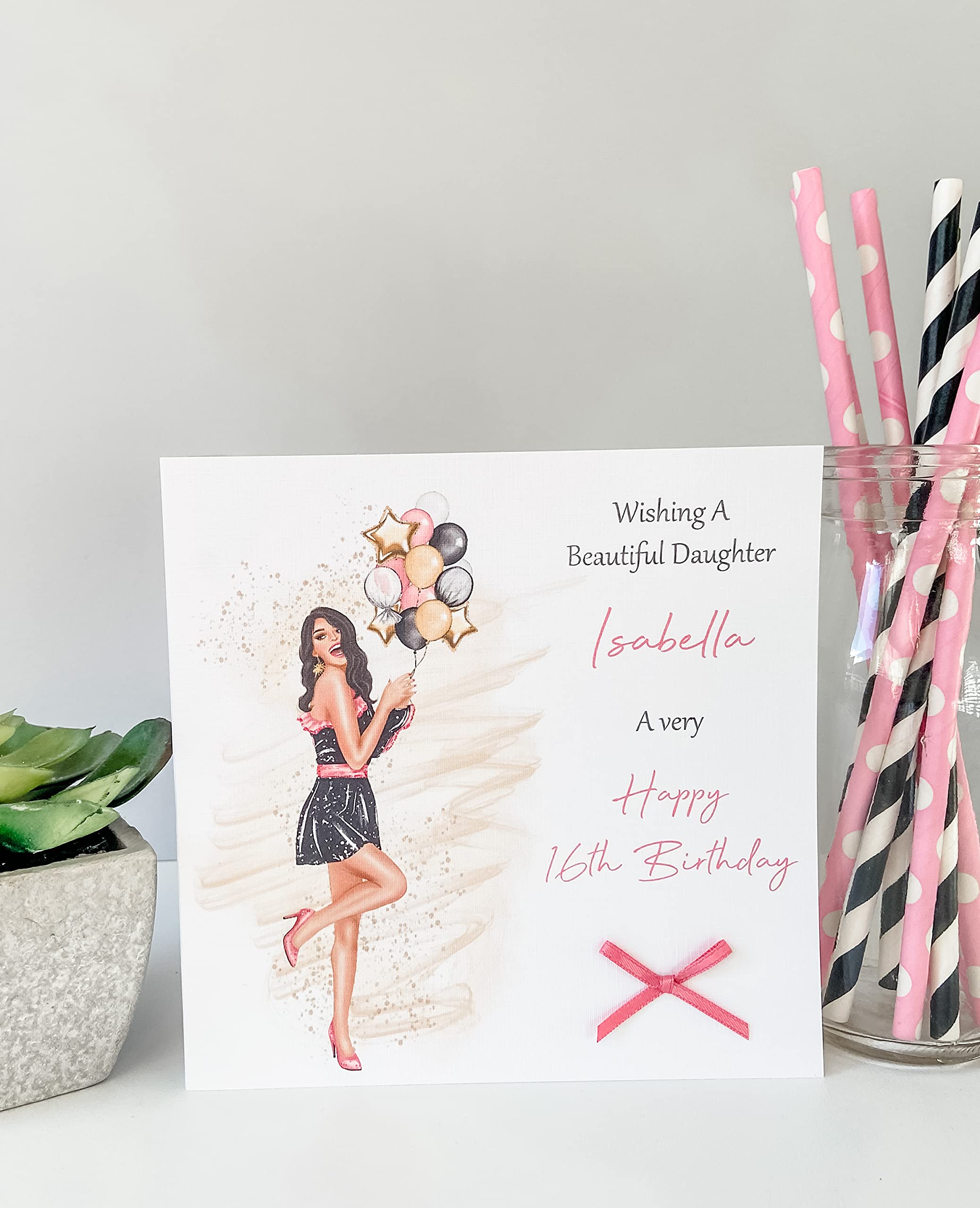 Personalised Female Birthday Card Party Girl Daughter Granddaughter 16th 18th 21st 30th 40th (Small 148mm x 148mm, Light Skin/Dark Hair)