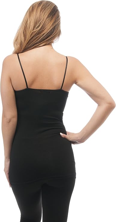 Khanomak Women's Plain Long Spaghetti Strap Tank Top Camis Basic Camisole Cotton (Small, Black)