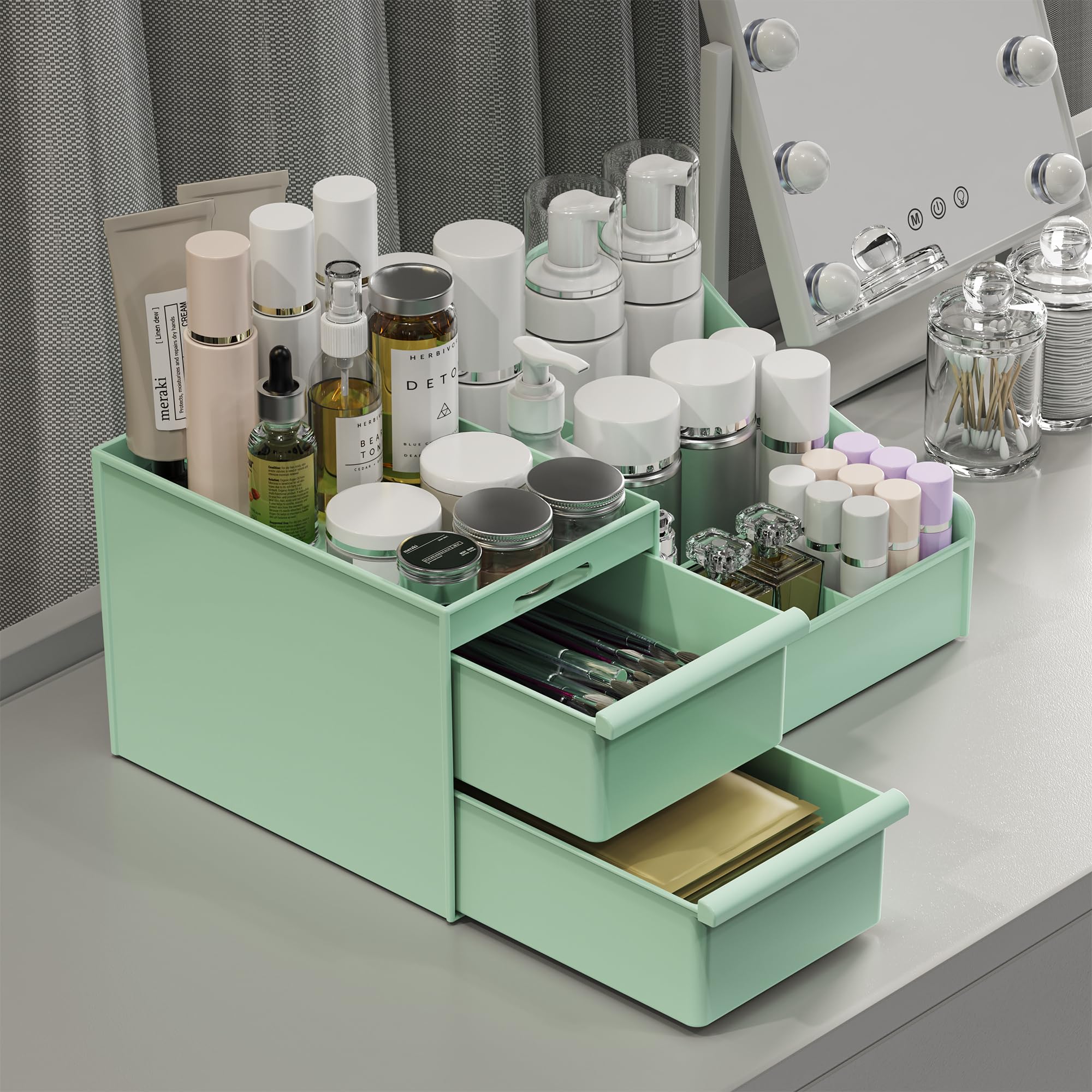DancesCatMakeup Organizer Storage Drawers, Large Capacity Cosmetic Organisers for Lipsticks, Jewelry, Nail Care, Skincare Organiser for Vanity, Ideal Desk Organizer for Dresser and Bathroom (Green)