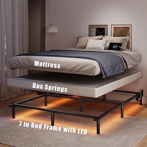 Miniatura 8 de Base de cama de tamaño matrimonial con LED, marco de cama de acero metálico de 7 pulgadas para somier y colchón, base de cama resistente Basics, sin
