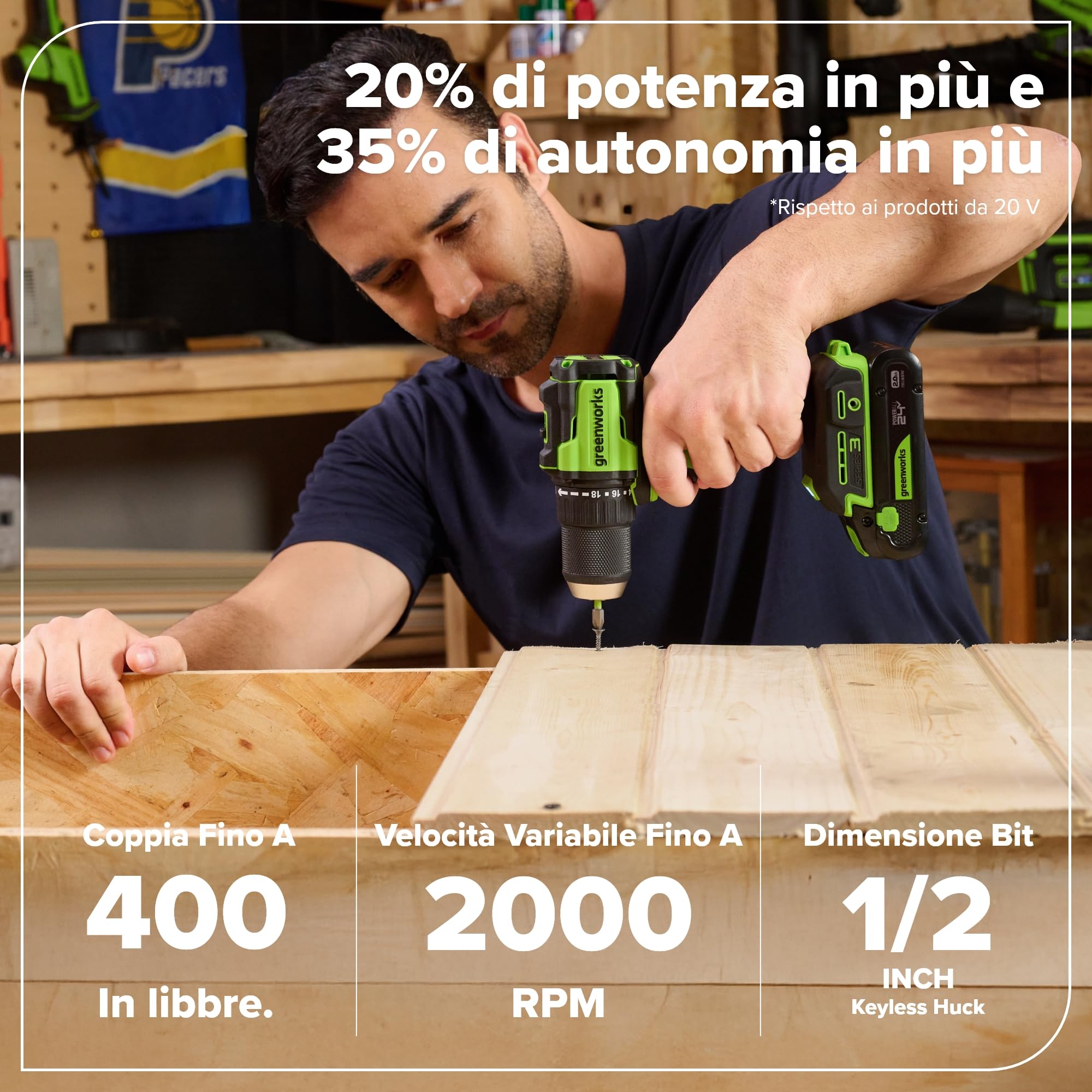 Greenworks 24V Cordless Brushless 45Nm Trapani a percussione, leggero, luce di lavoro a LED, frizione 18 + 1 senza USB-C batteria e caricabatteria