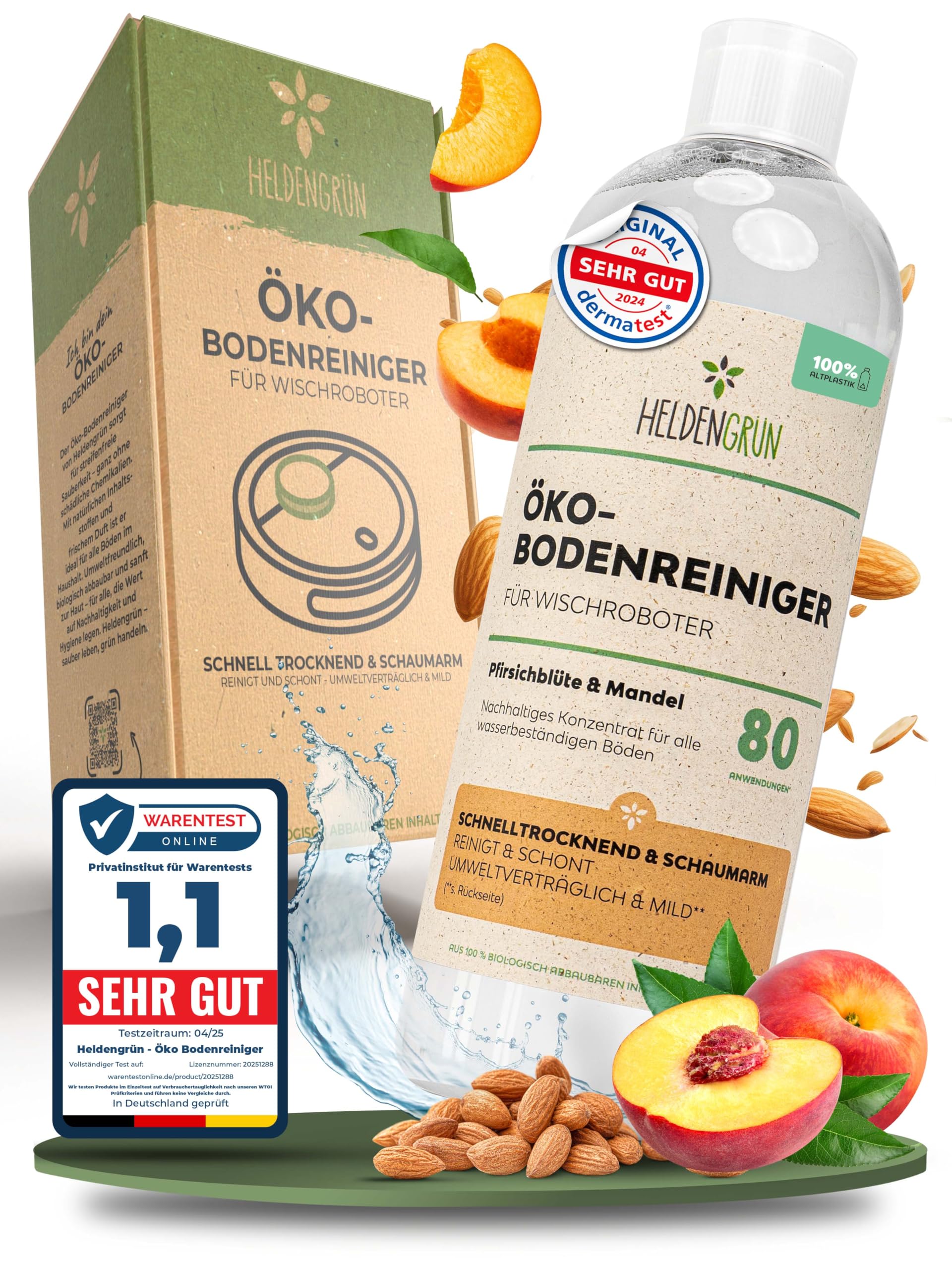 Heldengrün® Öko Bodenreiniger für Wischroboter [PFIRSICHBLÜTE & MANDEL] Dermatologisch getestet - Wischroboter Reinigungsmittel - Streifenfrei, schnelltrocknend & schaumarm - Reiniger Wischroboter