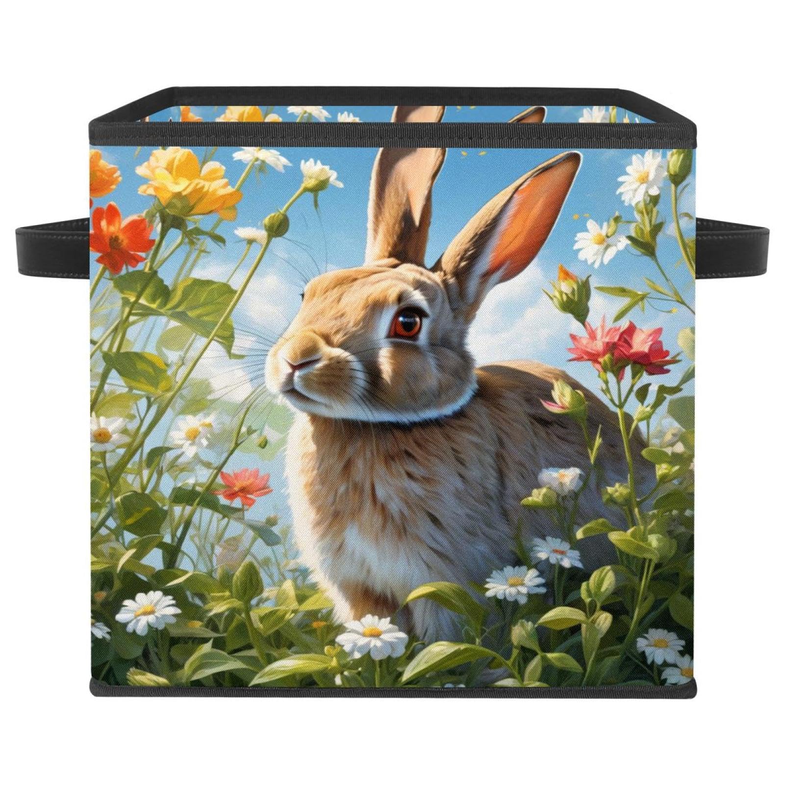 Panier de rangement durable pour salon et chambre motif lapin fleuri