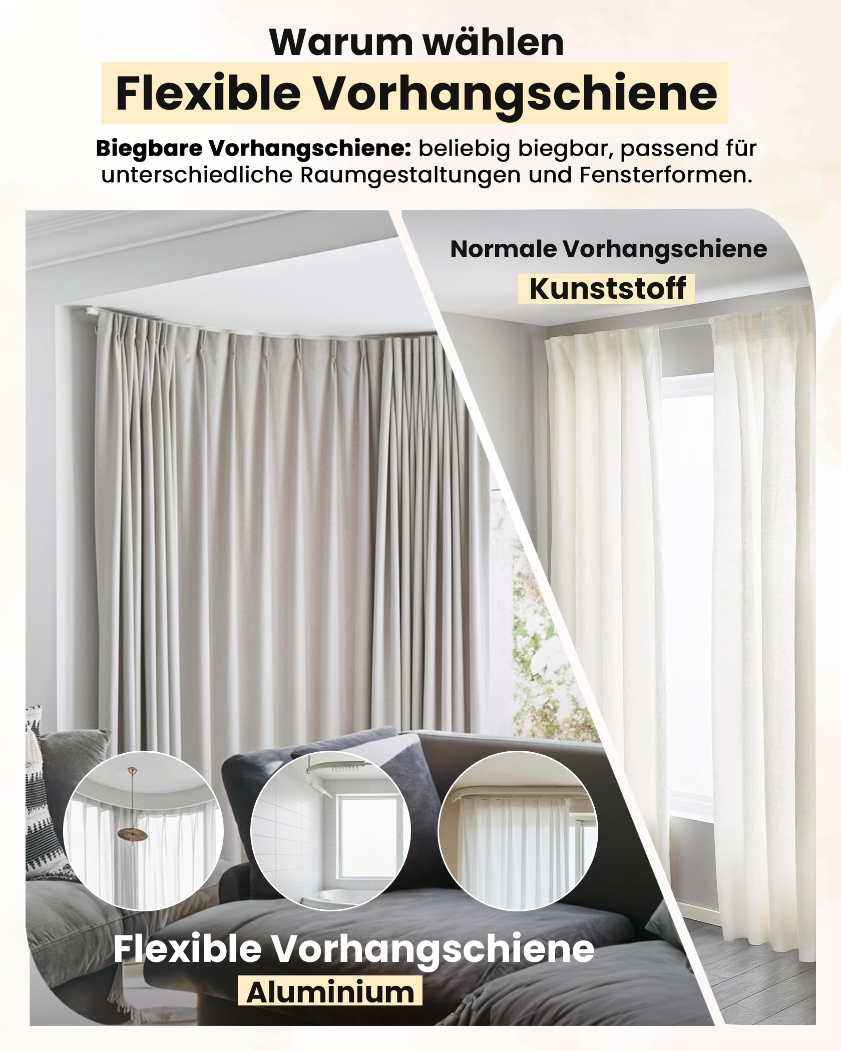 Flexible Vorhangschiene 3m, Biegbare Aluminium Gardinenschienee | Komplettem Zubehör,Wand- und Deckenmontage,Gebogene Schienen für Erker/Zimmer,Aluminium Gardinenschiene Set für Raumteiler