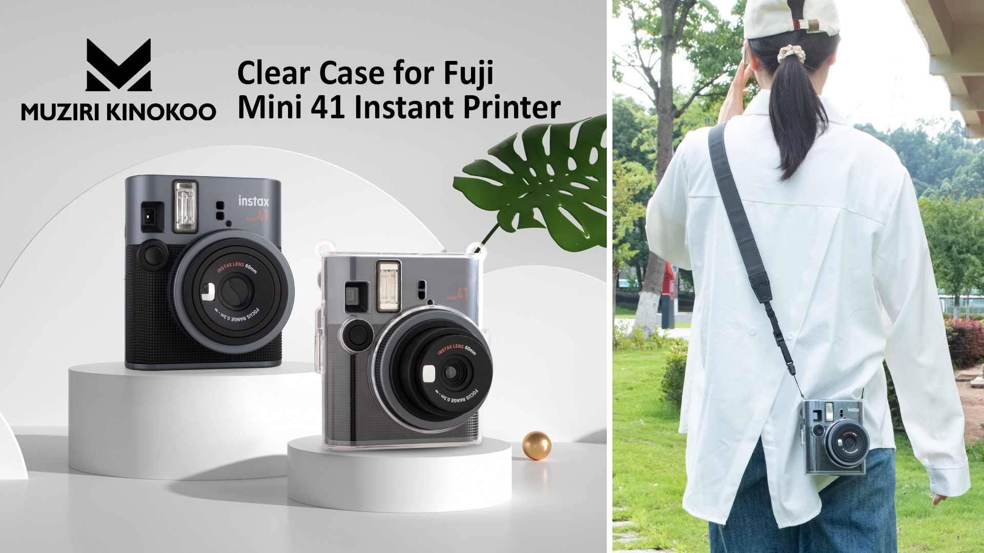 MUZIRI KINOKOO Doorzichtige beschermhoes compatibel met Fuji Instax Mini 12 Instant Camera, Harde PVC draagtas met regenboog schouderriem - transparant