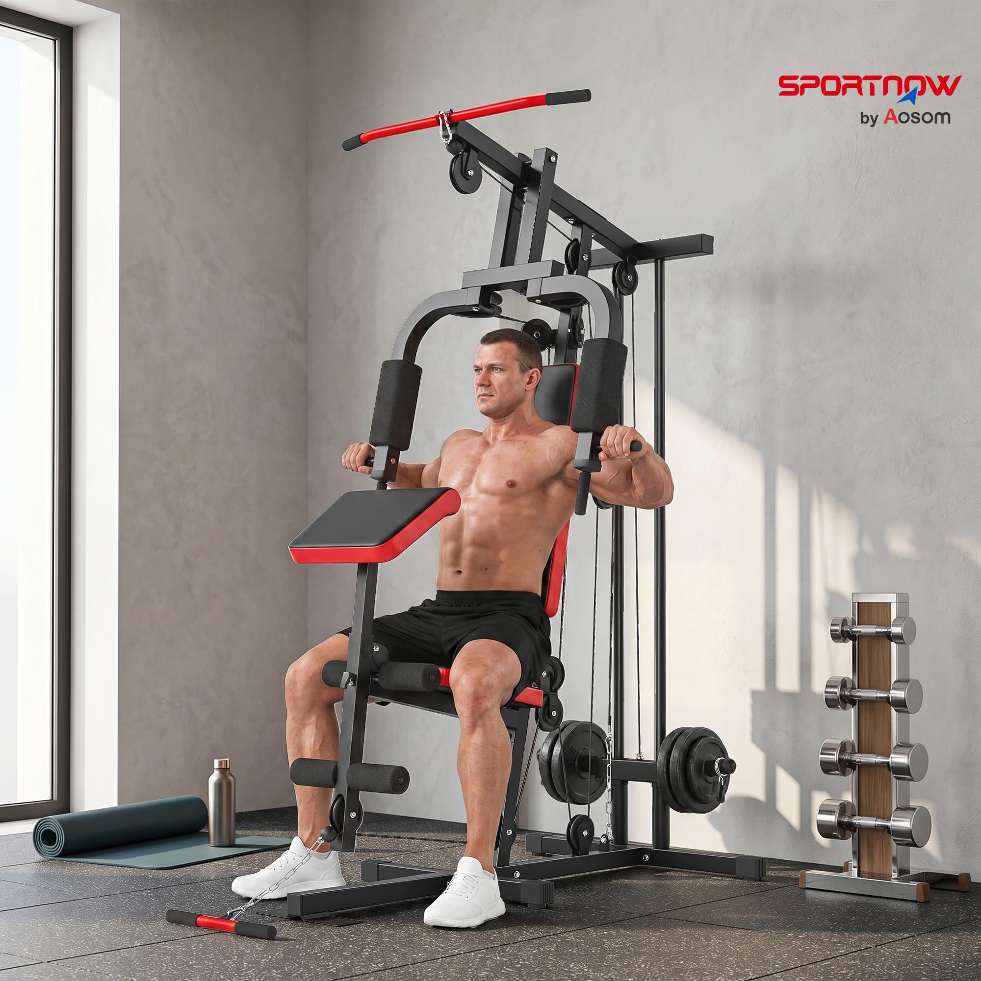 SPORTNOW Multiestación Musculación, Máquina de Musculación con Polea Alta y Baja, Prensa de Pecho, Curl de Piernas y Bíceps, Mariposa, Compatible con Discos 25 y 50 mm Carga 120 kg para Gimnasio Casa