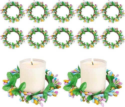 YBB 10 anillos de vela de Pascua, coronas, anillos artificiales de bayas de primavera para decoración de mesa de fiesta de Pascua