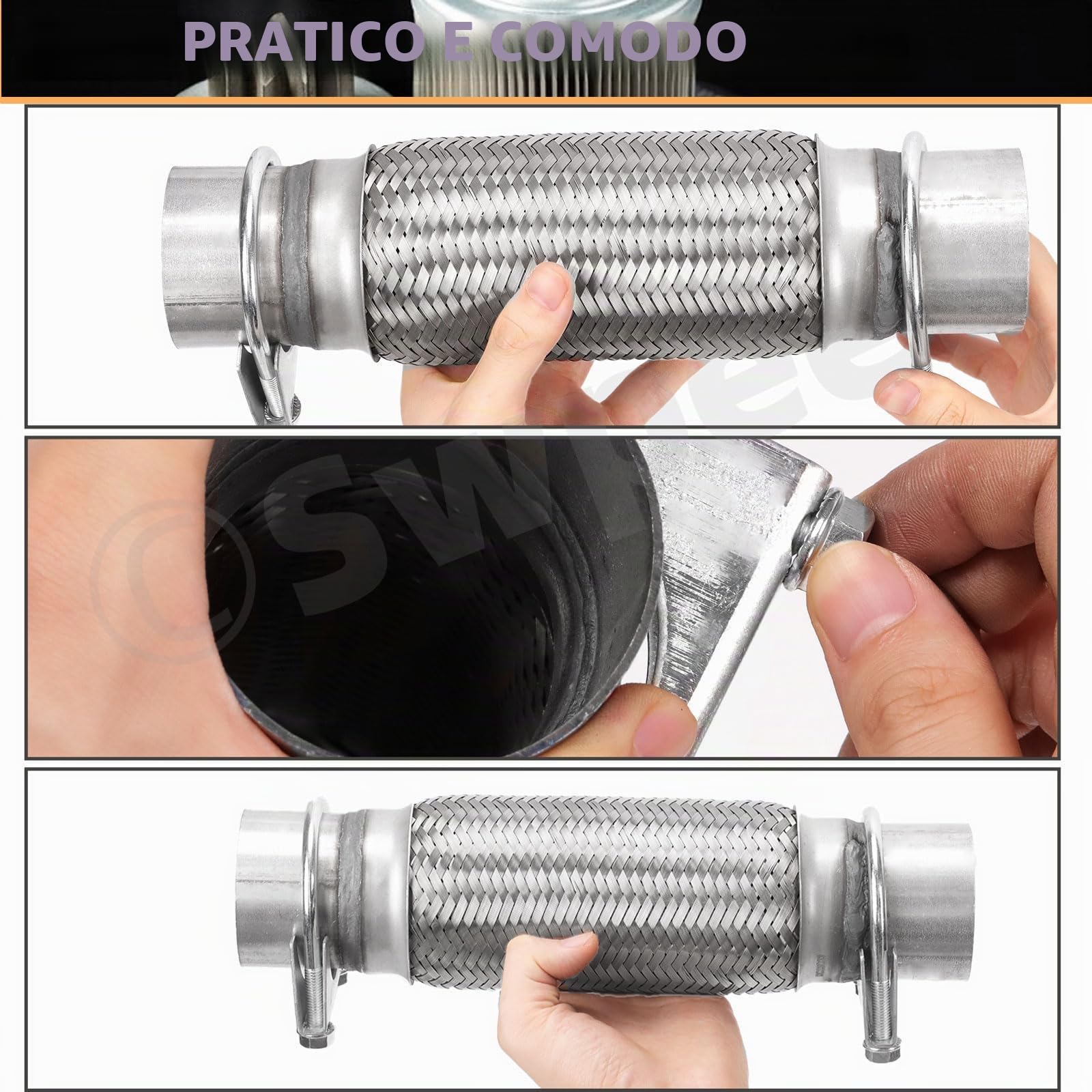 Swpeet 3 pezzi tubo di scarico 2 x 6 pollici con kit giunto di scarico 2 pollici tipo universale tubo di scarico doppio intrecciato in acciaio inossidabile per veicoli pesanti e automobili