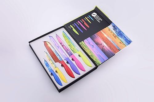 Miniatura 4 de Golden Coast Cutlery Juego de cuchillos de cocina de colores  Cuchillos de cocina grandes y pequeños con acabado de superficie antiadherente y caja