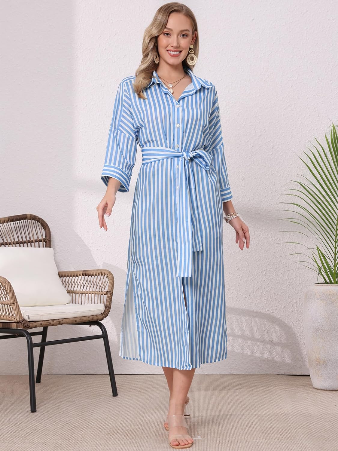 Allegra K Casual Stripe Shirt Dress for Women's 3/4 Sleeve Button Down Split Belted Midi Shirtdress - Image 3