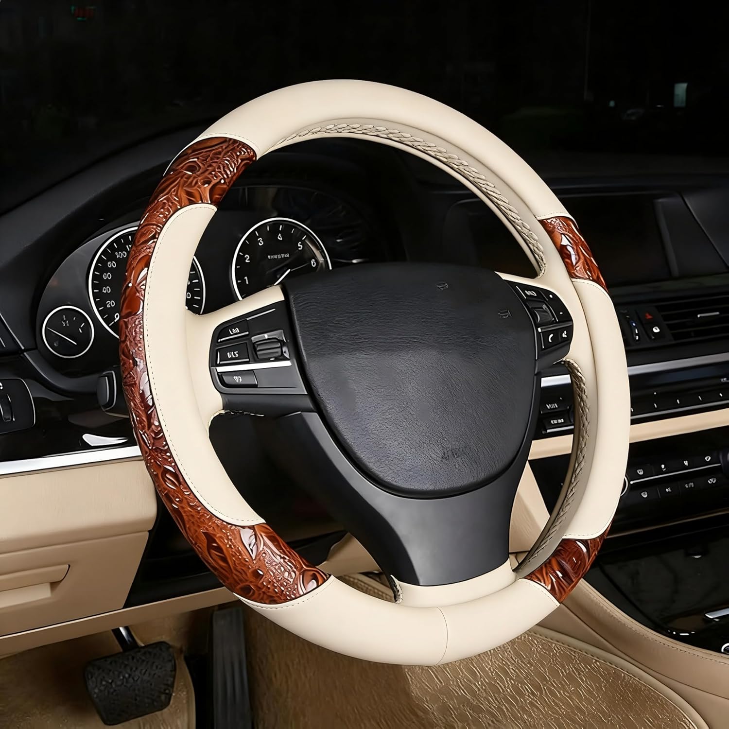 PU Leather Auto Car Steering Wheel Cover,Anti Slip Universal 15 Inch (Beige)