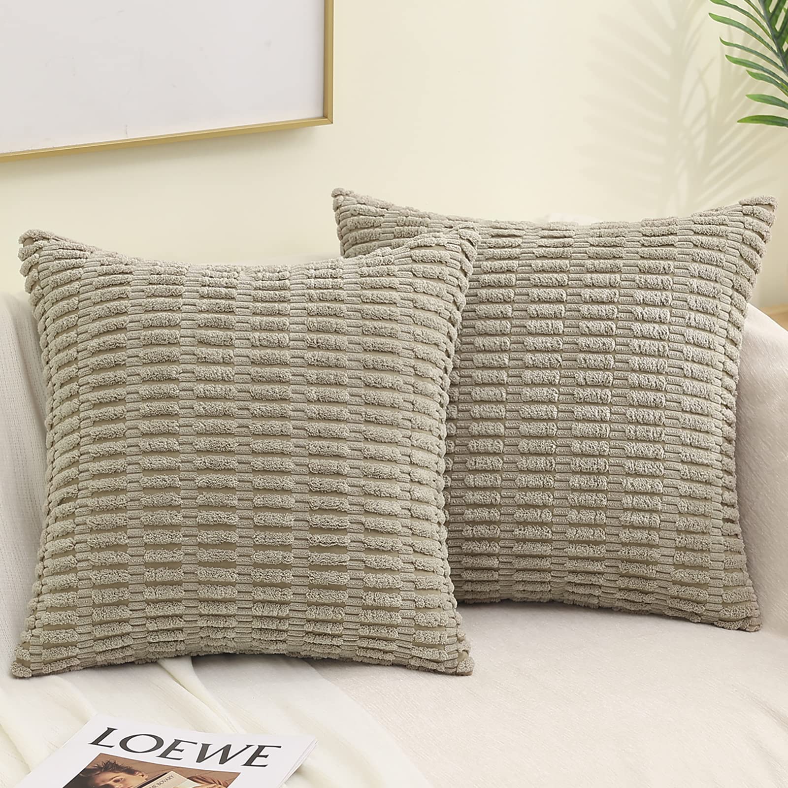 decorUhome Khaki Decorative Throw Pillow Covers 18x18 Set of 2, Soft Corduroy Striped Square Pillow Covers for Couch Living Room Bed Sofa, Modern Farmhouse Boho Home Decor