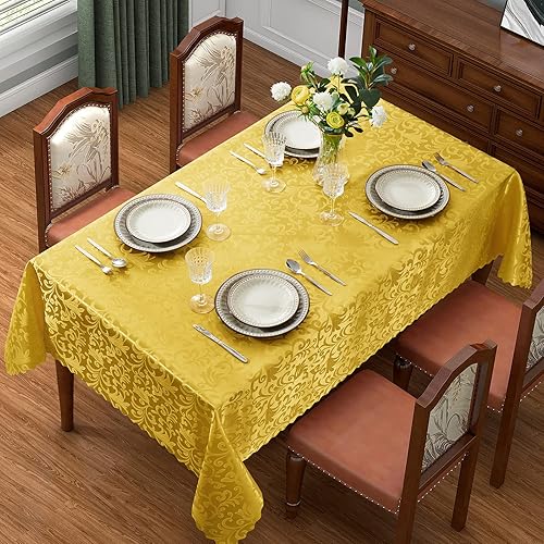 Miniatura 6 de SiinvdaBZX Mantel rectangular de damasco, diseño jacquard de lujo, mantel dorado de 60 x 102 pulgadas, mantel de poliéster satinado sin arrugas para