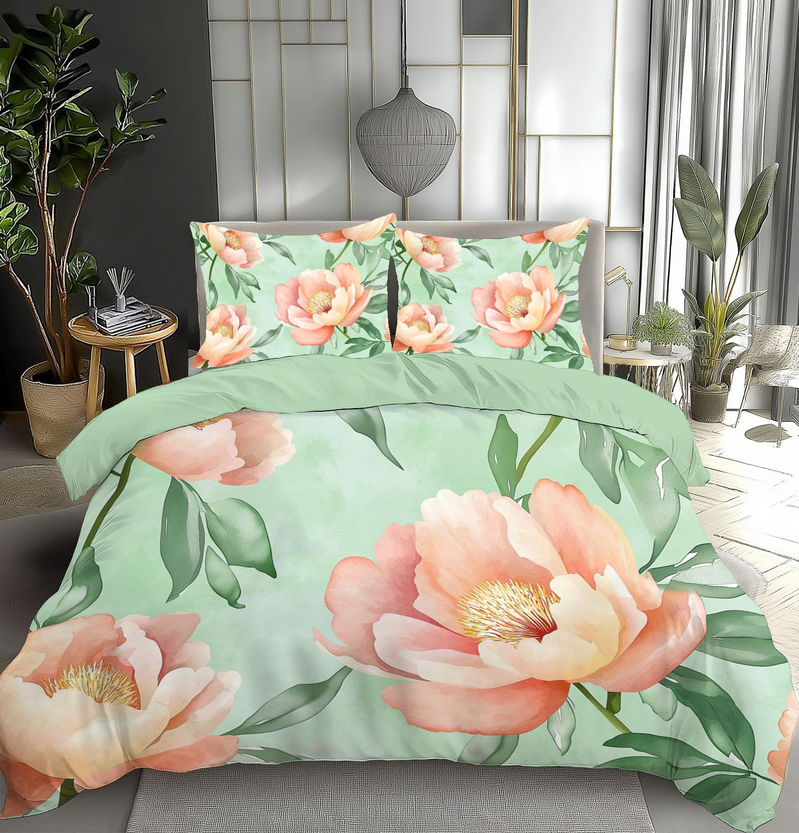 Ensemble literie 200x200cm en microfibre douce motif fleurs et feuilles de pivoine